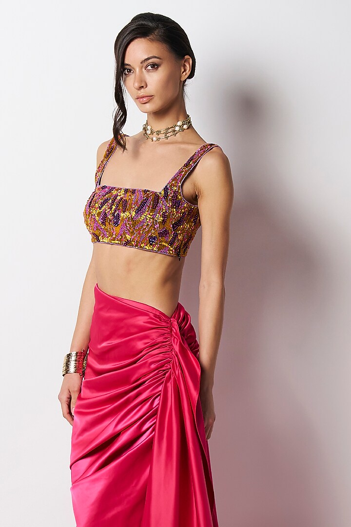 Fuchsia Satin Trail Skirt by 431-88 By Shweta Kapur at Pernia's Pop Up Shop