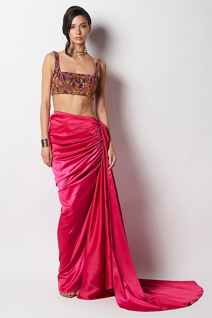Fuchsia Satin Trail Skirt by 431-88 By Shweta Kapur at Pernia's Pop Up Shop