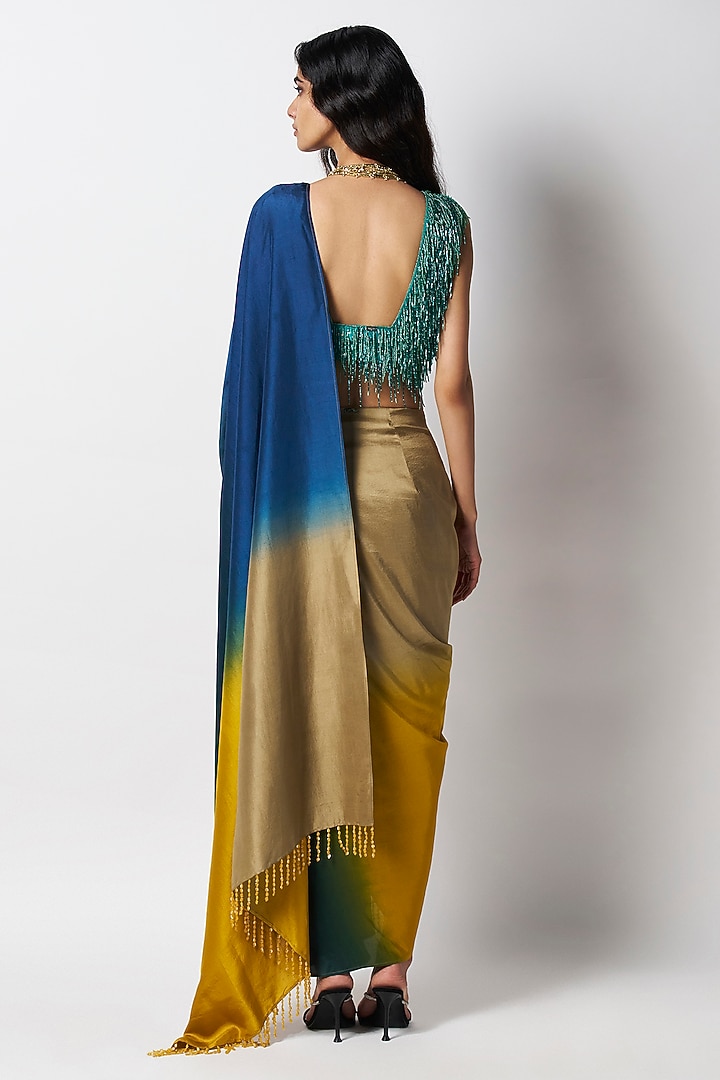 Yellow Ombre Silk Bead Work Pre-Draped Wedding Saree by 431-88 By Shweta Kapur at Pernia's Pop Up Shop