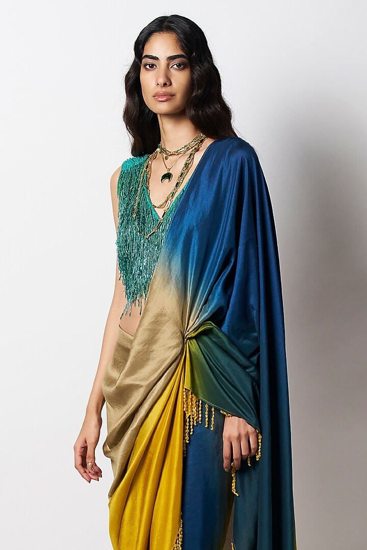 Yellow Ombre Silk Bead Work Pre-Draped Wedding Saree by 431-88 By Shweta Kapur at Pernia's Pop Up Shop