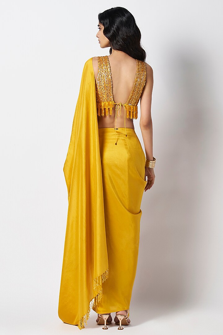 Ochre Yellow Silk Bead Work Pre-Draped Wedding Saree by 431-88 By Shweta Kapur at Pernia's Pop Up Shop