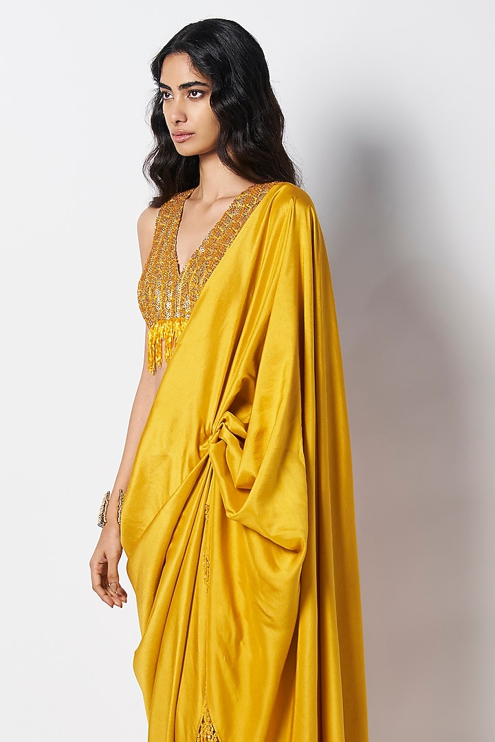 Ochre Yellow Silk Bead Work Pre-Draped Wedding Saree by 431-88 By Shweta Kapur at Pernia's Pop Up Shop