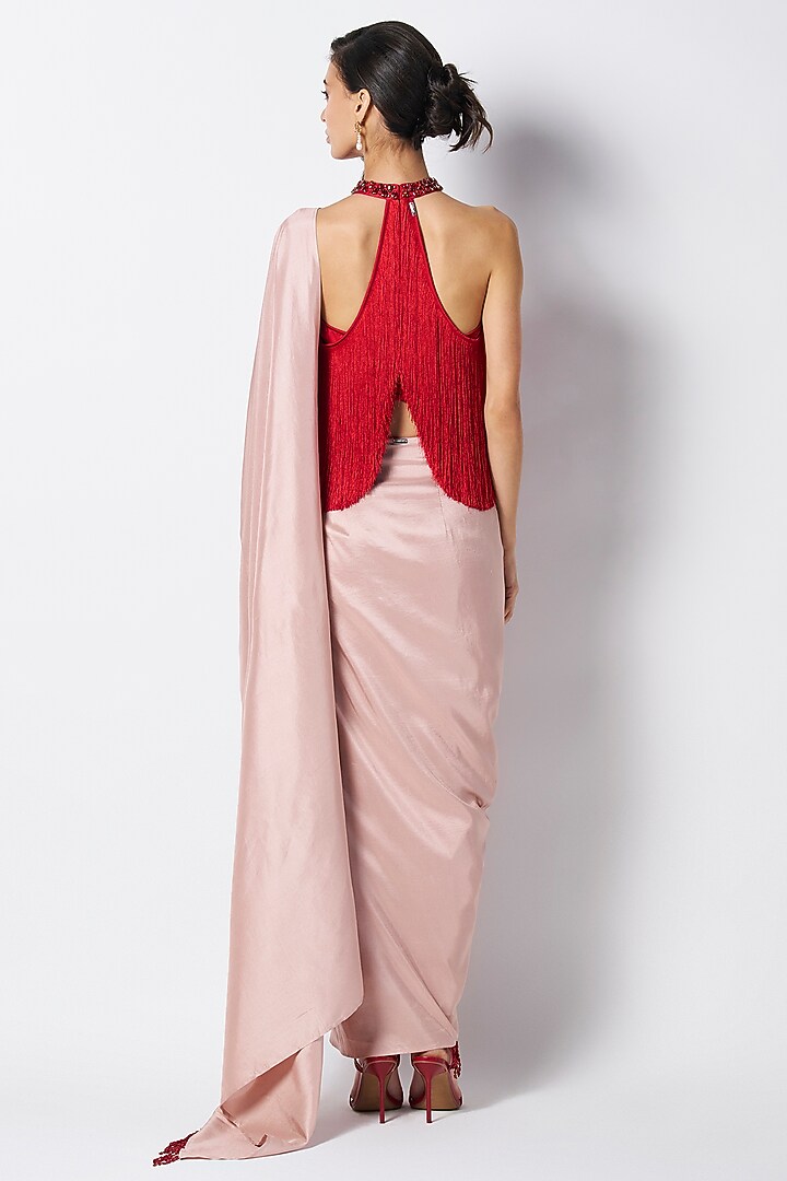 Baby Pink & Red Silk Bead Work Pre-Draped Wedding Saree by 431-88 By Shweta Kapur at Pernia's Pop Up Shop
