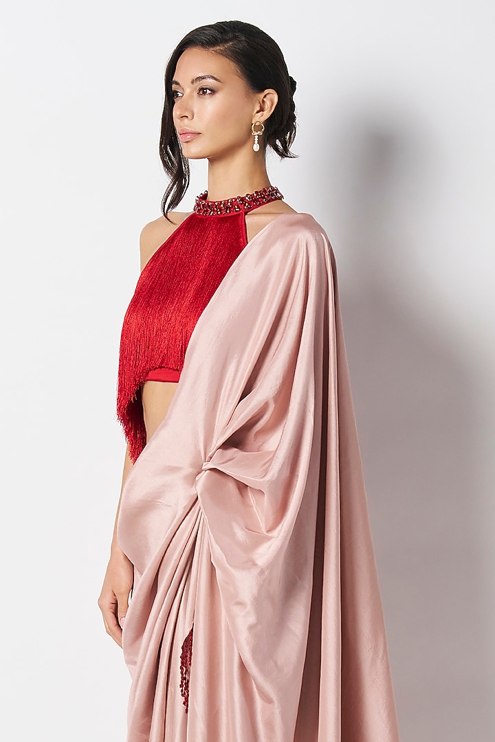 Baby Pink & Red Silk Bead Work Pre-Draped Wedding Saree by 431-88 By Shweta Kapur at Pernia's Pop Up Shop