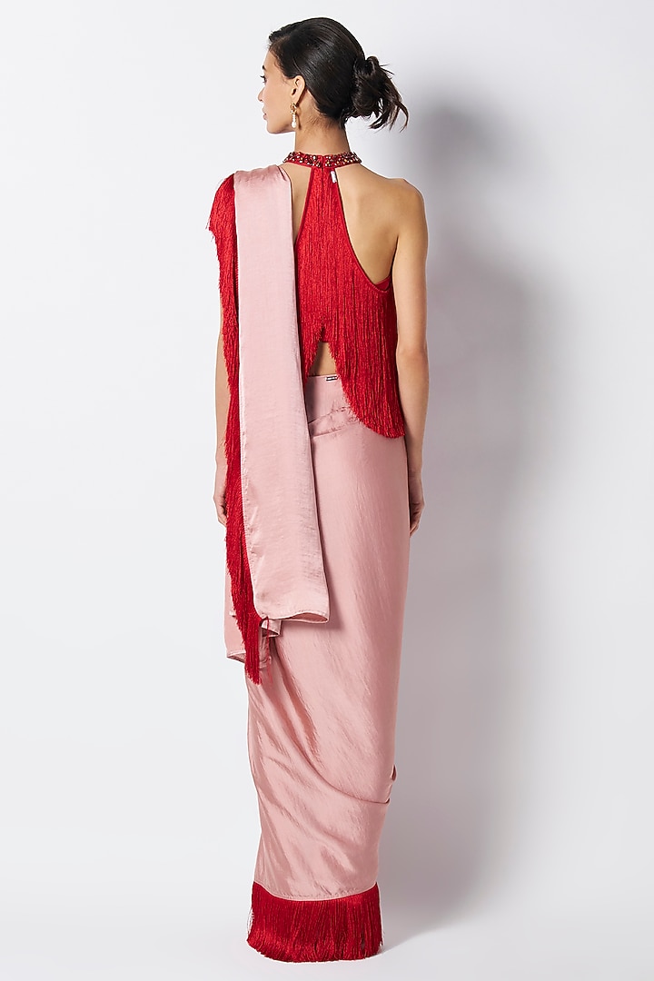 Baby Pink & Red Satin Color Blocked Pre-Draped Party Wear Saree by 431-88 By Shweta Kapur at Pernia's Pop Up Shop