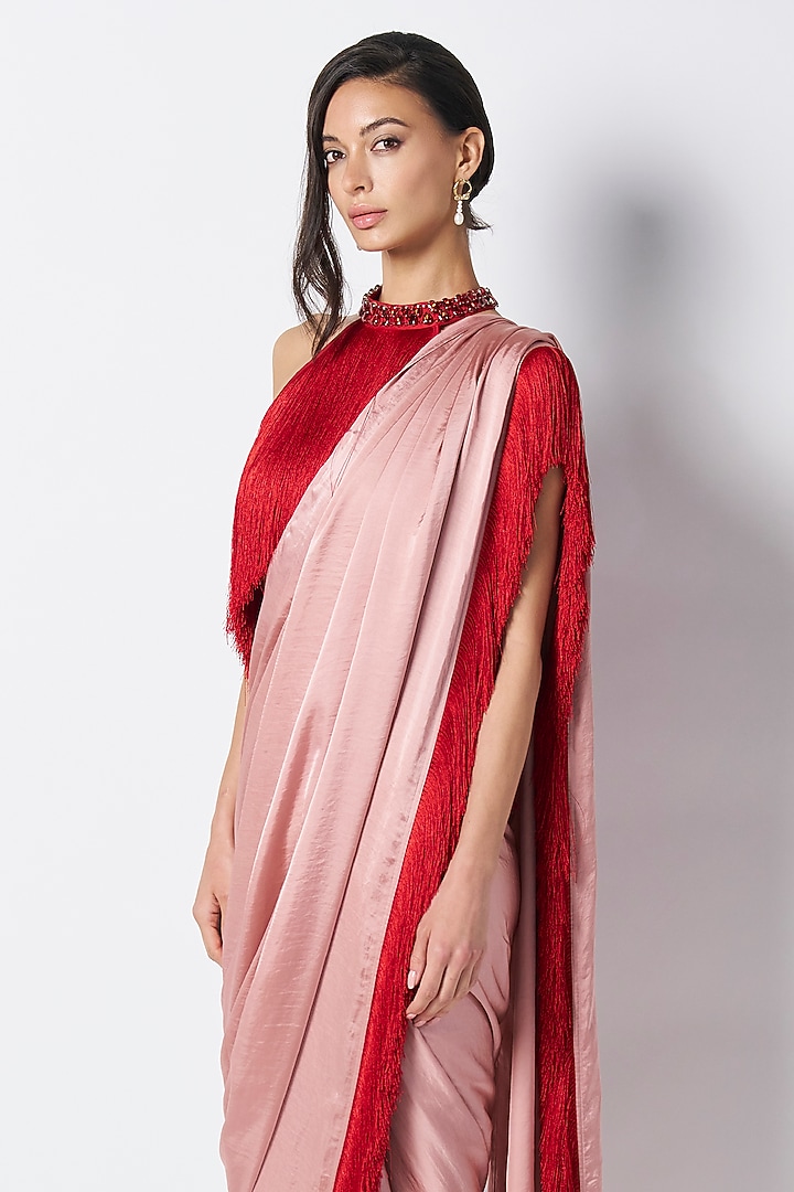 Baby Pink & Red Satin Color Blocked Pre-Draped Party Wear Saree by 431-88 By Shweta Kapur at Pernia's Pop Up Shop