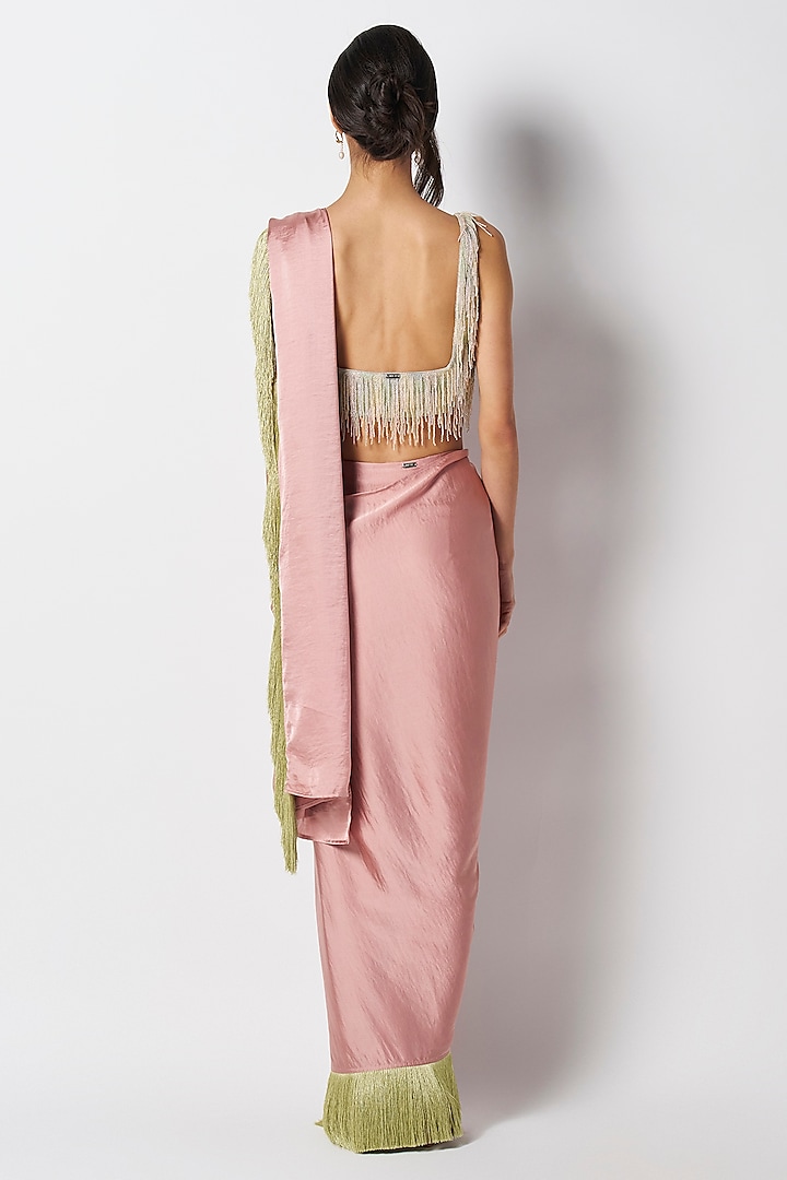 Baby Pink & Mint Satin Color Blocked Pre-Draped Party Wear Saree by 431-88 By Shweta Kapur at Pernia's Pop Up Shop