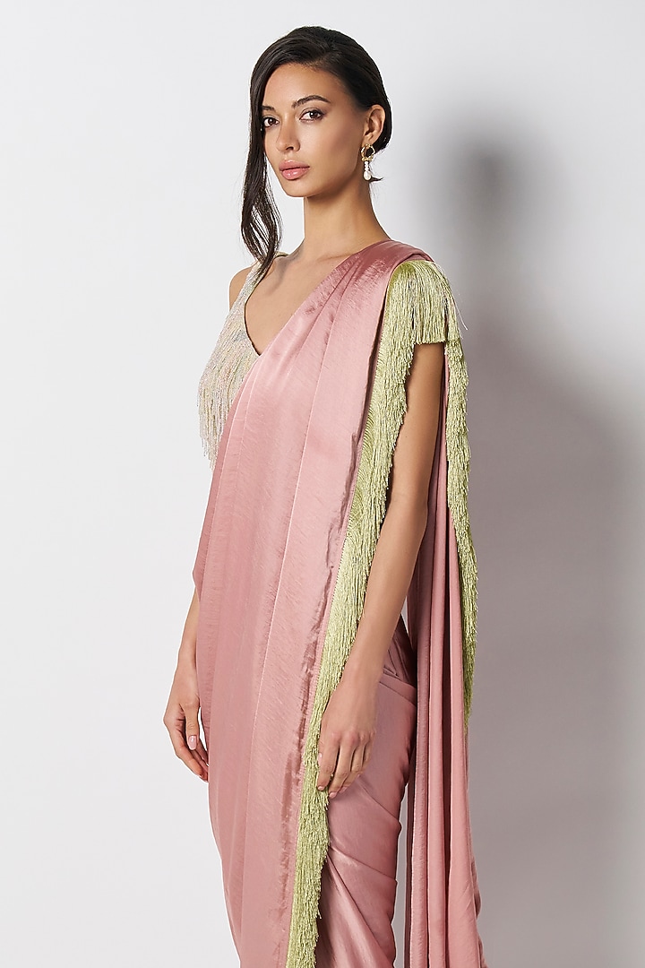 Baby Pink & Mint Satin Color Blocked Pre-Draped Party Wear Saree by 431-88 By Shweta Kapur at Pernia's Pop Up Shop