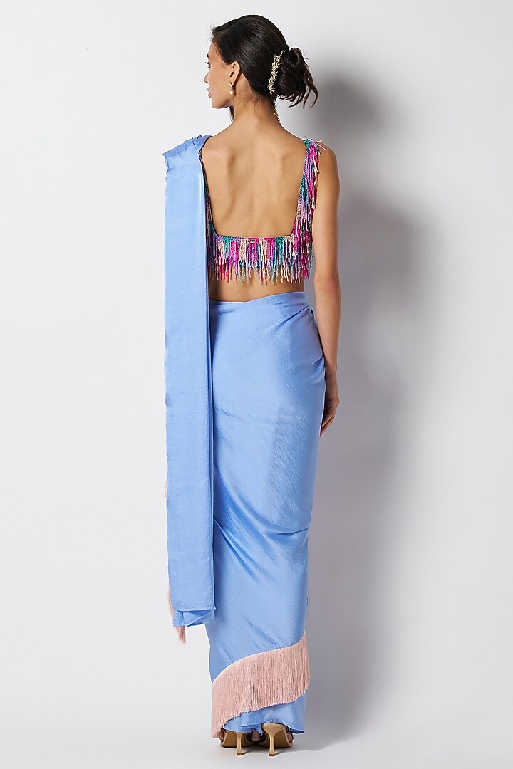 Ice Blue & Baby Pink Satin Color Blocked Pre-Draped Party Wear Saree by 431-88 By Shweta Kapur at Pernia's Pop Up Shop