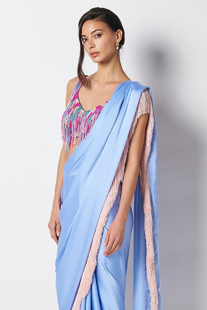 Ice Blue & Baby Pink Satin Color Blocked Pre-Draped Party Wear Saree by 431-88 By Shweta Kapur at Pernia's Pop Up Shop