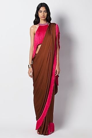 Chocolate Brown & Fuchsia Satin Color Blocked Pre-Draped Saree by 431-88 By Shweta Kapur