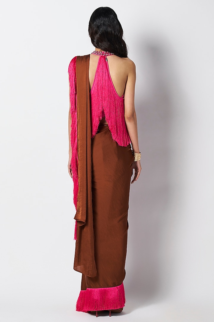 Chocolate Brown & Fuchsia Satin Color Blocked Pre-Draped Party Wear Saree by 431-88 By Shweta Kapur at Pernia's Pop Up Shop