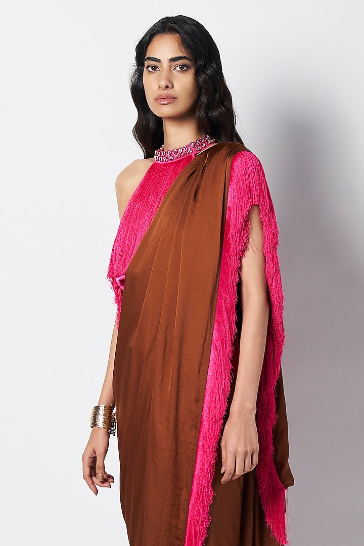 Chocolate Brown & Fuchsia Satin Color Blocked Pre-Draped Party Wear Saree by 431-88 By Shweta Kapur at Pernia's Pop Up Shop
