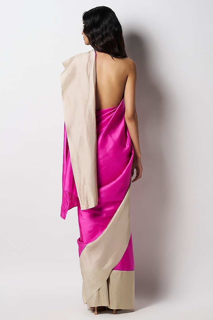 Fuchsia & Champagne Silk Color Blocked Wedding Saree by 431-88 By Shweta Kapur at Pernia's Pop Up Shop
