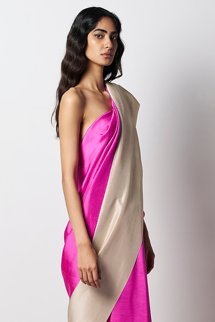 Fuchsia & Champagne Silk Color Blocked Wedding Saree by 431-88 By Shweta Kapur at Pernia's Pop Up Shop