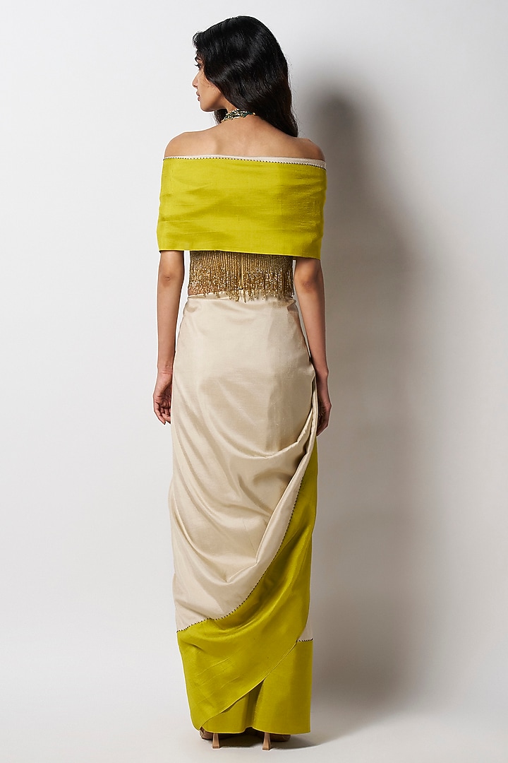 Champagne & Kelly Green Silk Color Blocked Wedding Saree by 431-88 By Shweta Kapur at Pernia's Pop Up Shop