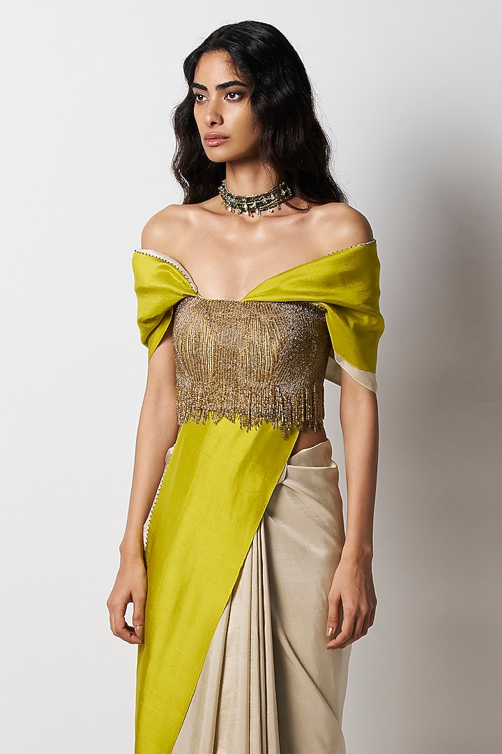 Champagne & Kelly Green Silk Color Blocked Wedding Saree by 431-88 By Shweta Kapur at Pernia's Pop Up Shop