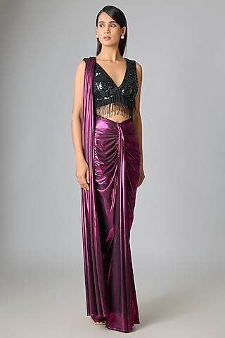 Purple Liquid Jersey Saree by 431-88 By Shweta Kapur