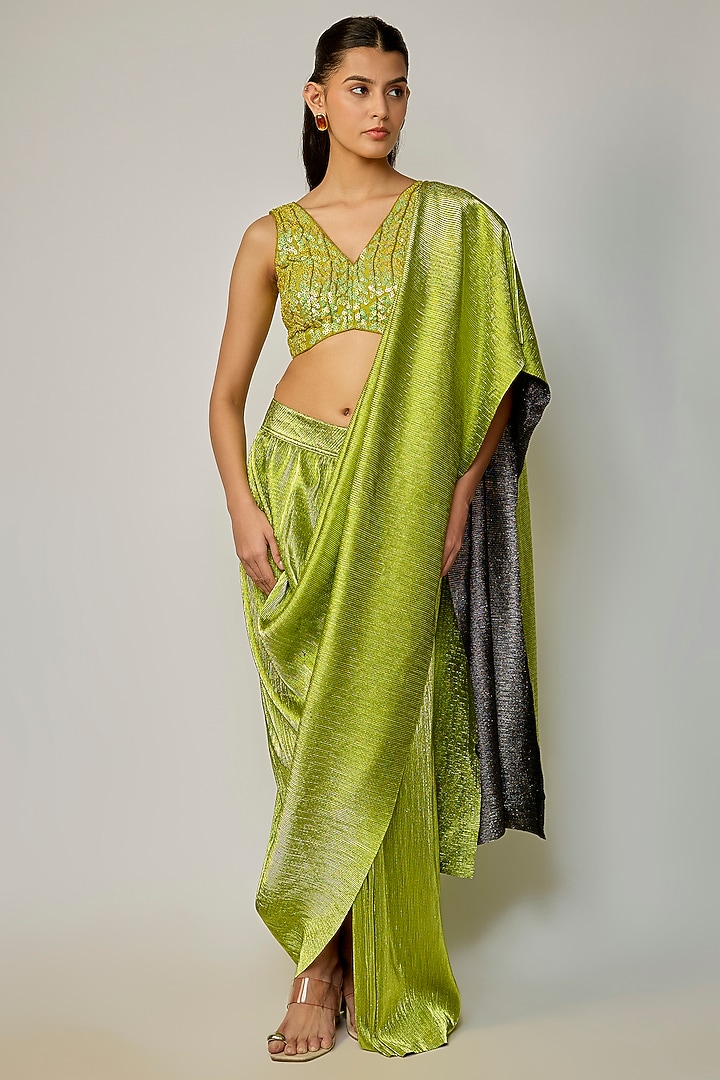 Kelly Green Pleated Fabric Pre-Stitched Wedding Saree  by 431-88 By Shweta Kapur at Pernia's Pop Up Shop
