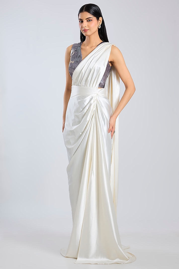 White Satin Draped Party Wear Saree by 431-88 By Shweta Kapur at Pernia's Pop Up Shop