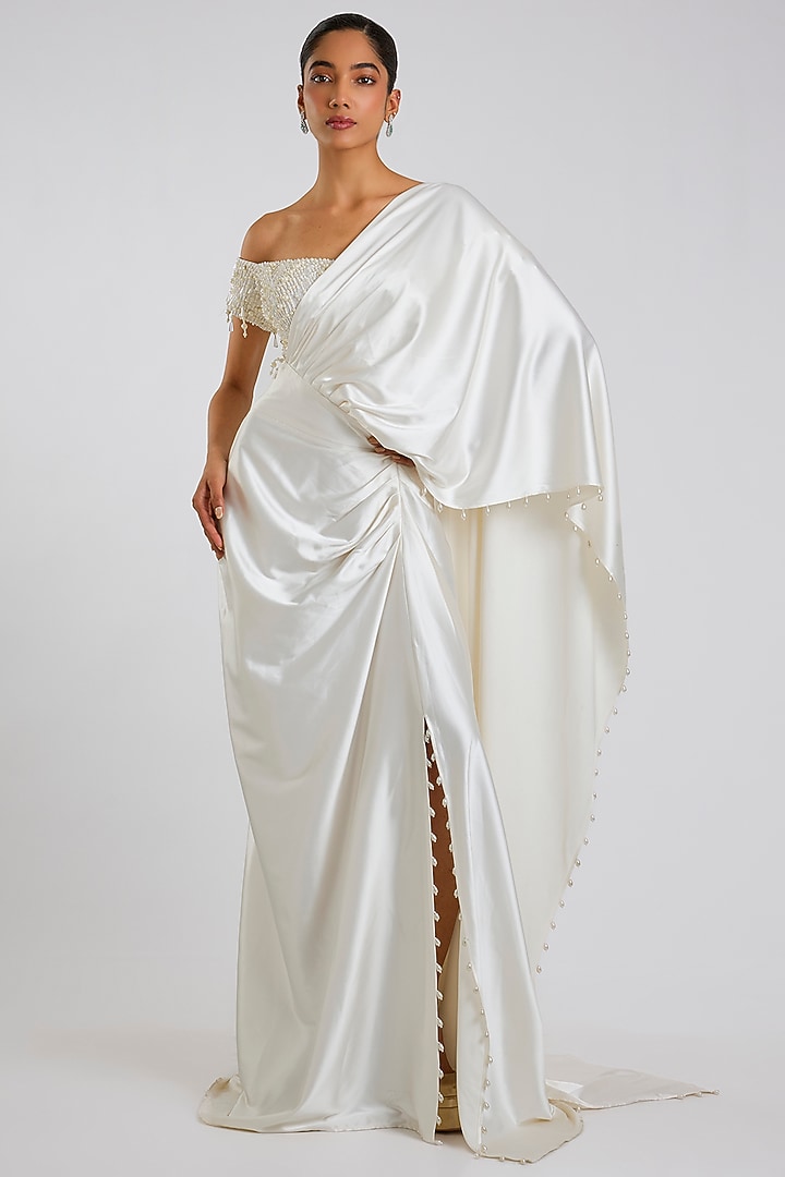 White Satin Party Wear Saree by 431-88 By Shweta Kapur at Pernia's Pop Up Shop
