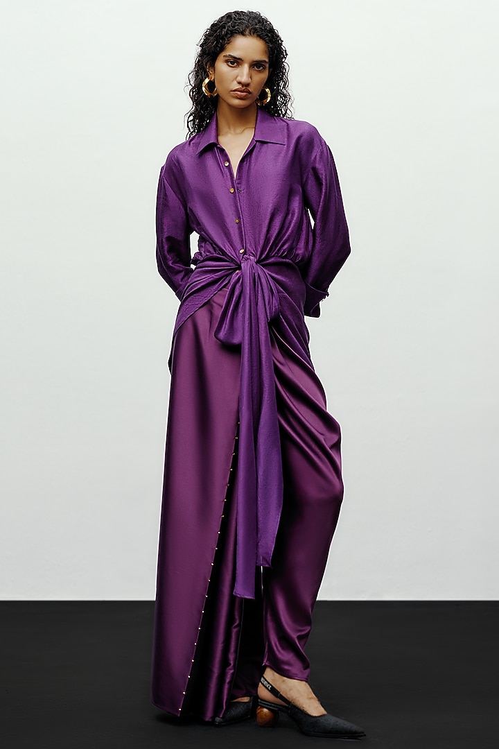 Purple Silk Printed Draped Shirt by 431-88 By Shweta Kapur at Pernia's Pop Up Shop