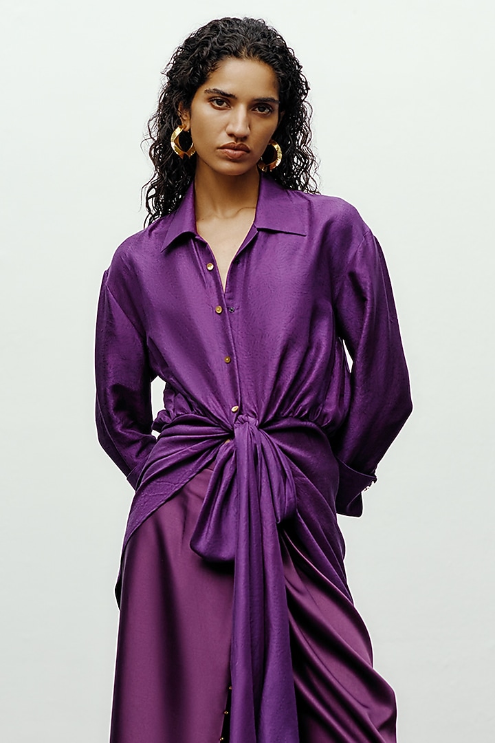 Purple Silk Printed Draped Shirt by 431-88 By Shweta Kapur at Pernia's Pop Up Shop
