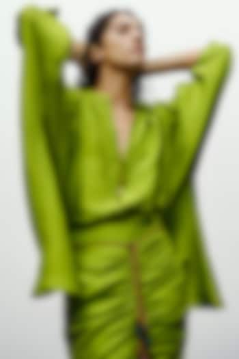 Lime Green Silk Heather Printed Shirt by 431-88 By Shweta Kapur at Pernia's Pop Up Shop