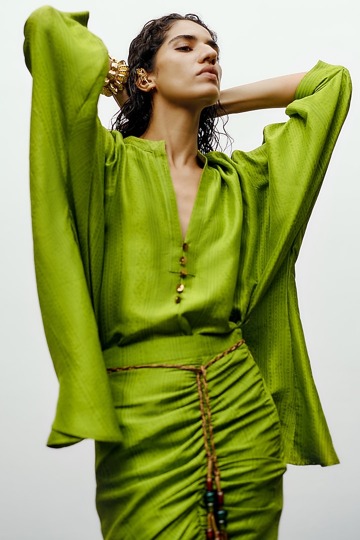 Lime Green Silk Heather Printed Shirt by 431-88 By Shweta Kapur at Pernia's Pop Up Shop