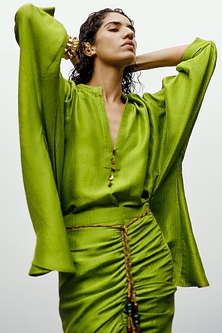 Lime Green Silk Heather Printed Shirt by 431-88 By Shweta Kapur