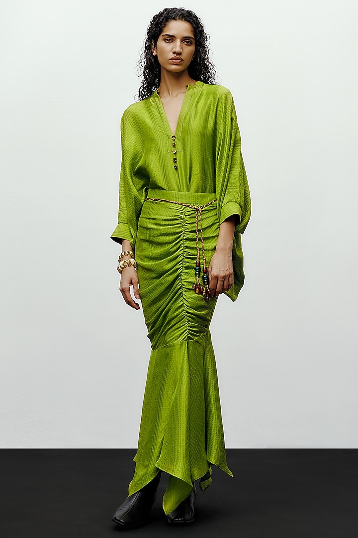 Lime Green Silk Heather Printed Shirt by 431-88 By Shweta Kapur at Pernia's Pop Up Shop