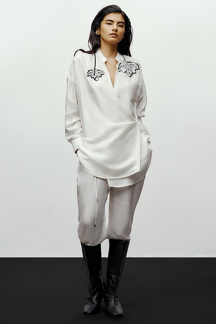 White Fluid Silk Hand Embroidered Shirt by 431-88 By Shweta Kapur at Pernia's Pop Up Shop