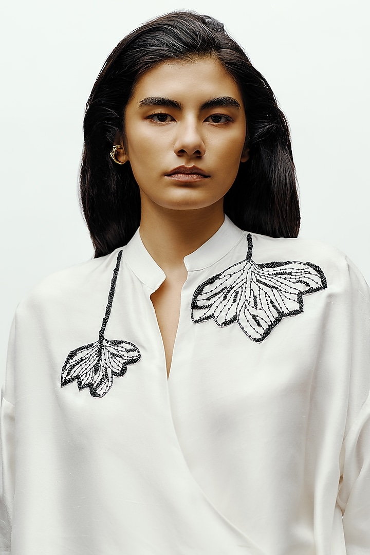 White Fluid Silk Hand Embroidered Shirt by 431-88 By Shweta Kapur at Pernia's Pop Up Shop