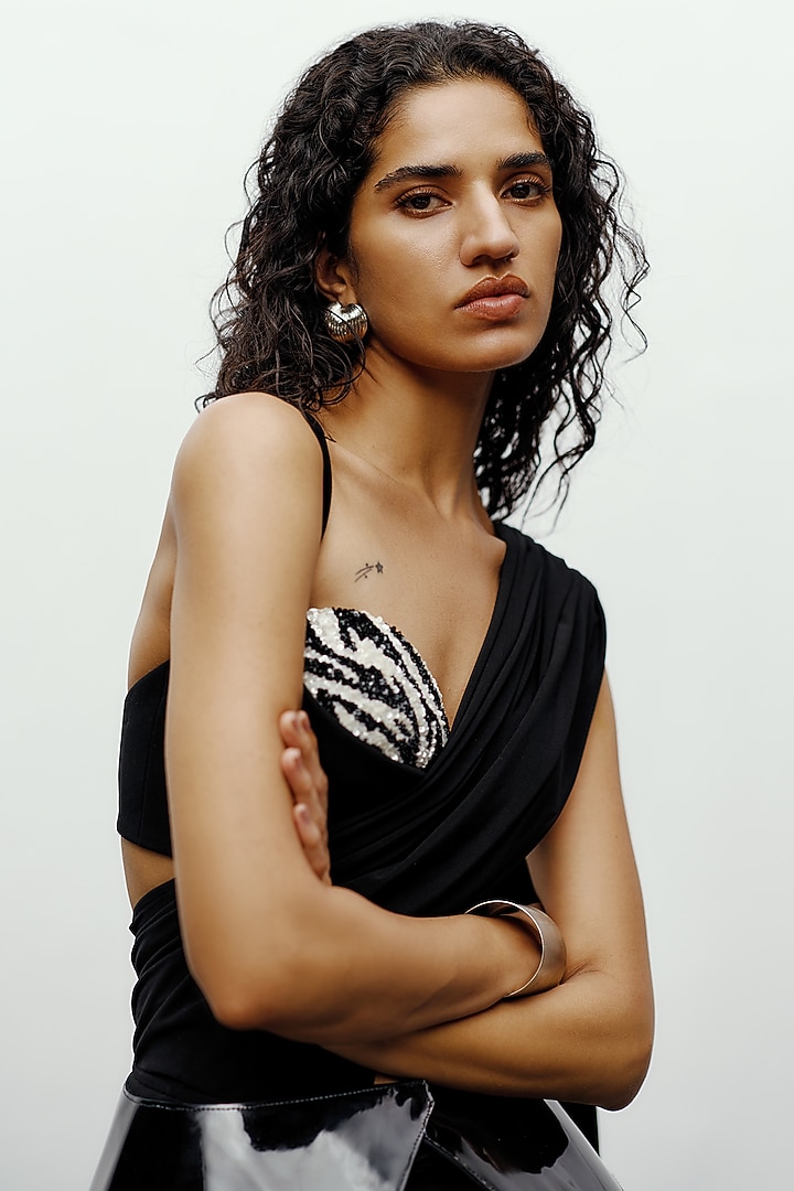 Black & White Silk Hand Embroidered Blouse by 431-88 By Shweta Kapur at Pernia's Pop Up Shop
