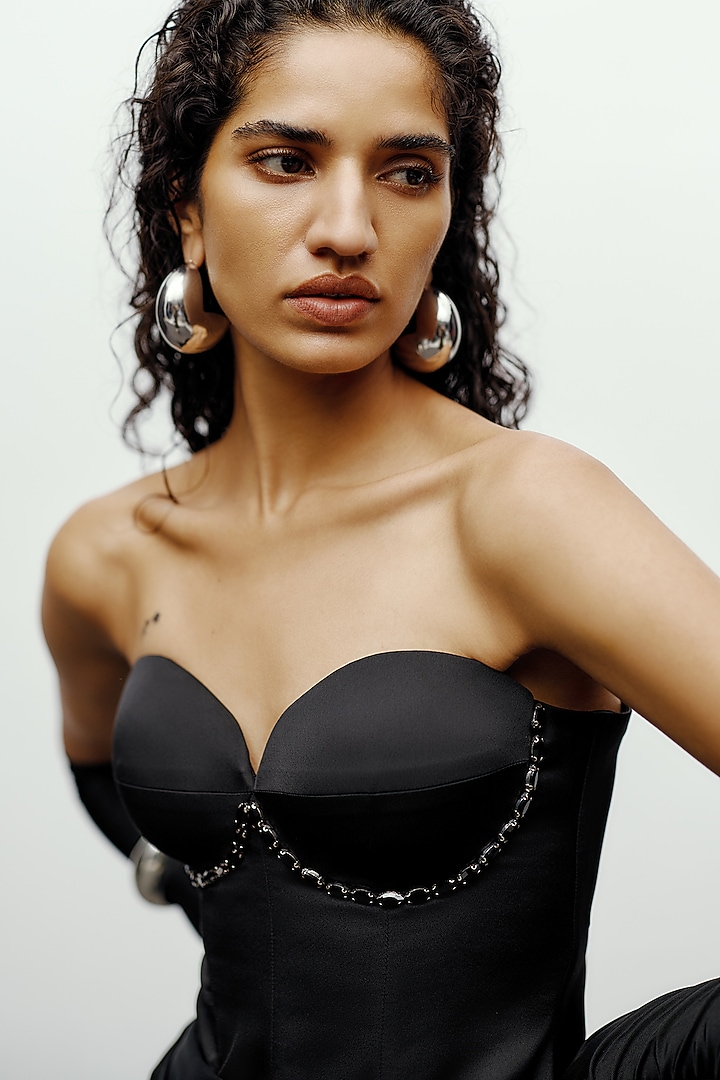 Black Crepe Embroidered Strapless Corset by 431-88 By Shweta Kapur at Pernia's Pop Up Shop