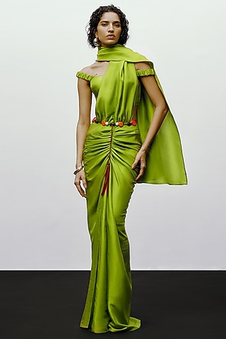 Lime Green Silk Blend Off-Shoulder Blouse by 431-88 By Shweta Kapur