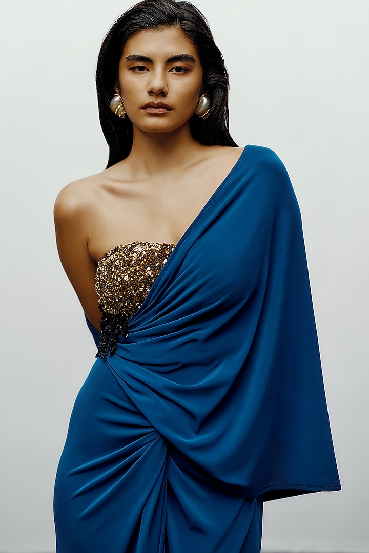 Antique Gold Silk Hand Embroidered Bustier by 431-88 By Shweta Kapur at Pernia's Pop Up Shop