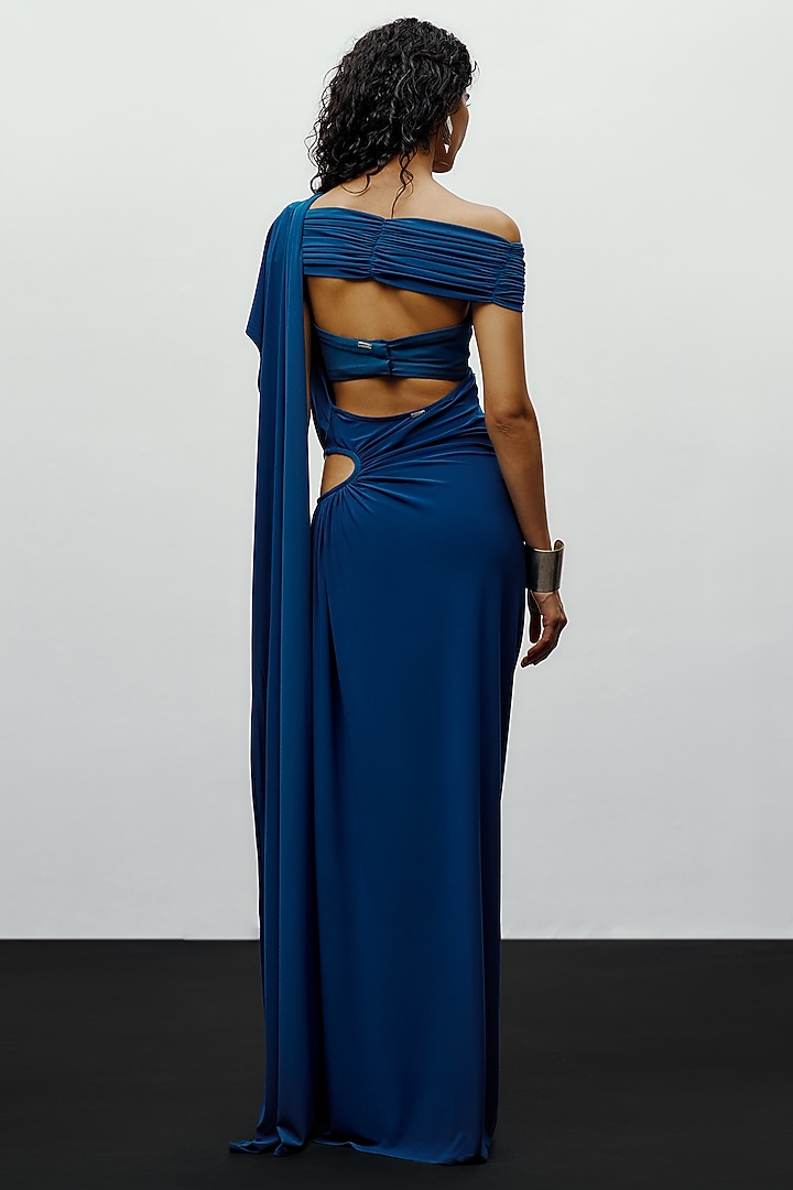 Teal Jersey Off-Shoulder Blouse by 431-88 By Shweta Kapur at Pernia's Pop Up Shop
