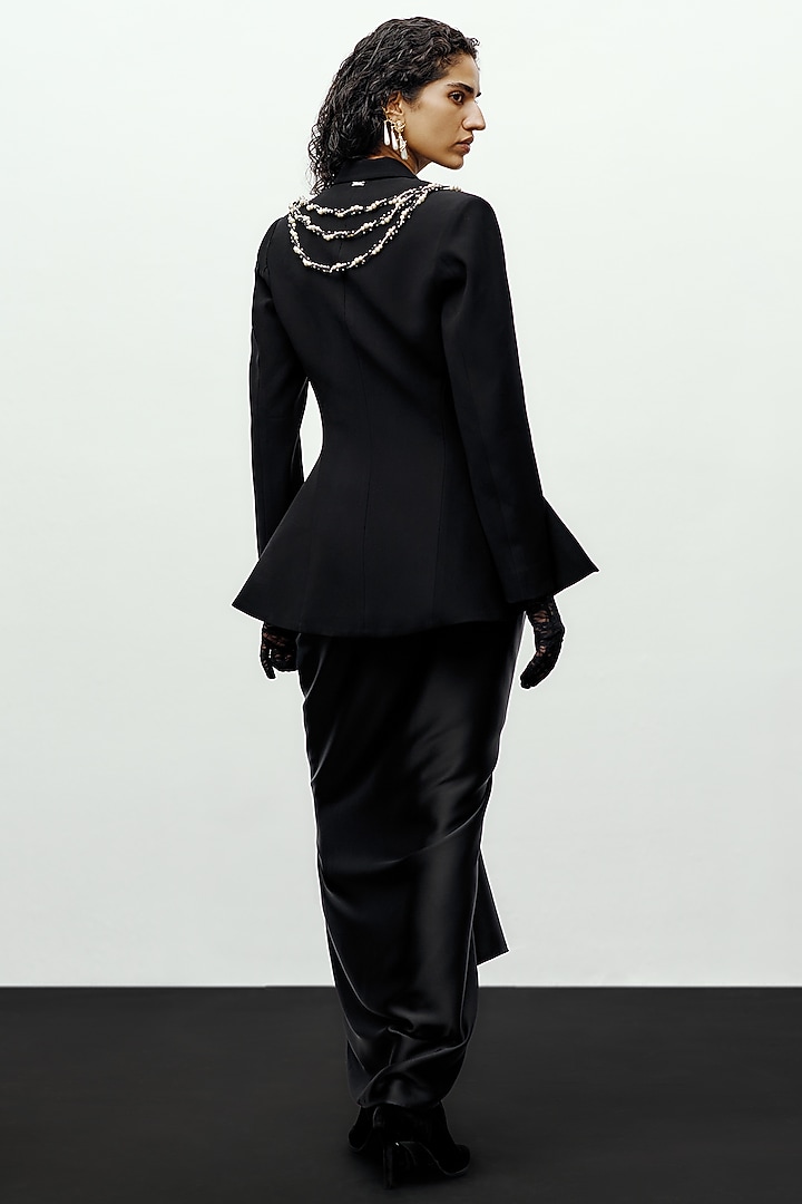 Black Crepe Pearl Hand Embellished Blazer by 431-88 By Shweta Kapur at Pernia's Pop Up Shop