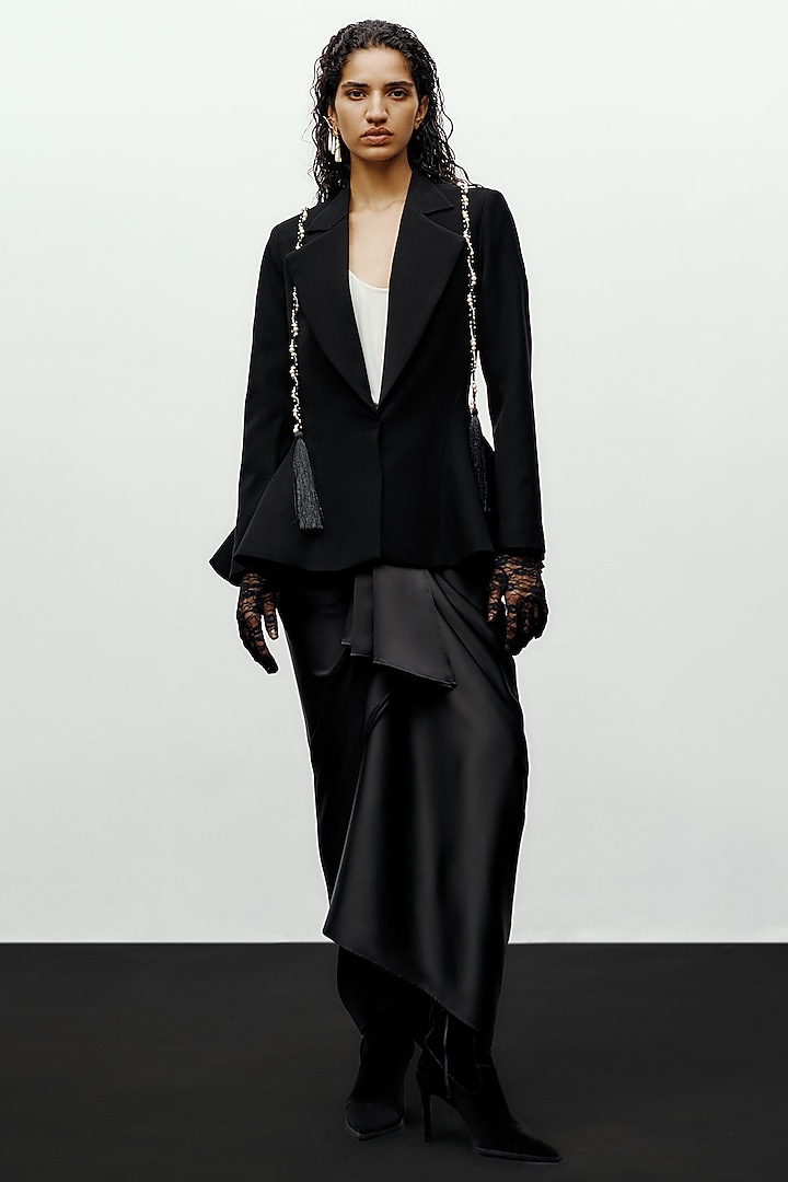 Black Crepe Pearl Hand Embellished Blazer by 431-88 By Shweta Kapur at Pernia's Pop Up Shop