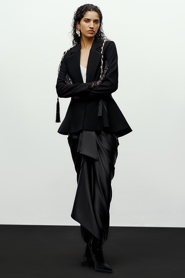 Black Crepe Pearl Hand Embellished Blazer by 431-88 By Shweta Kapur at Pernia's Pop Up Shop