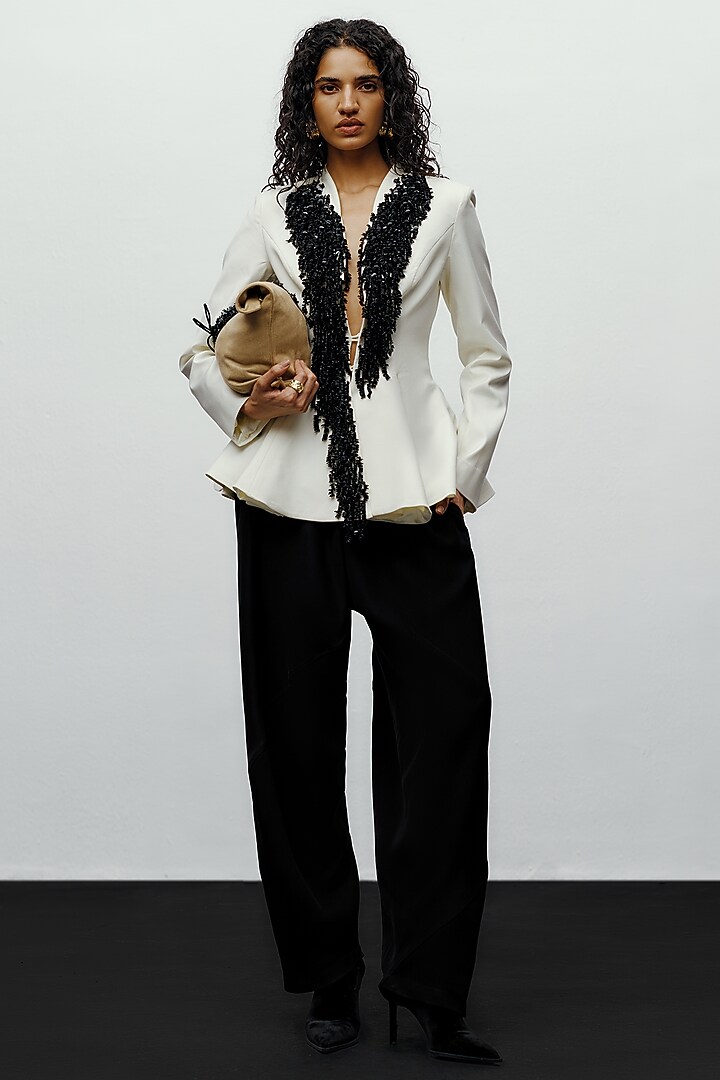 White Suiting Hand Embroidered Peplum Jacket by 431-88 By Shweta Kapur at Pernia's Pop Up Shop