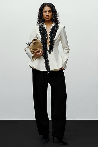 White Suiting Hand Embroidered Peplum Jacket by 431-88 By Shweta Kapur