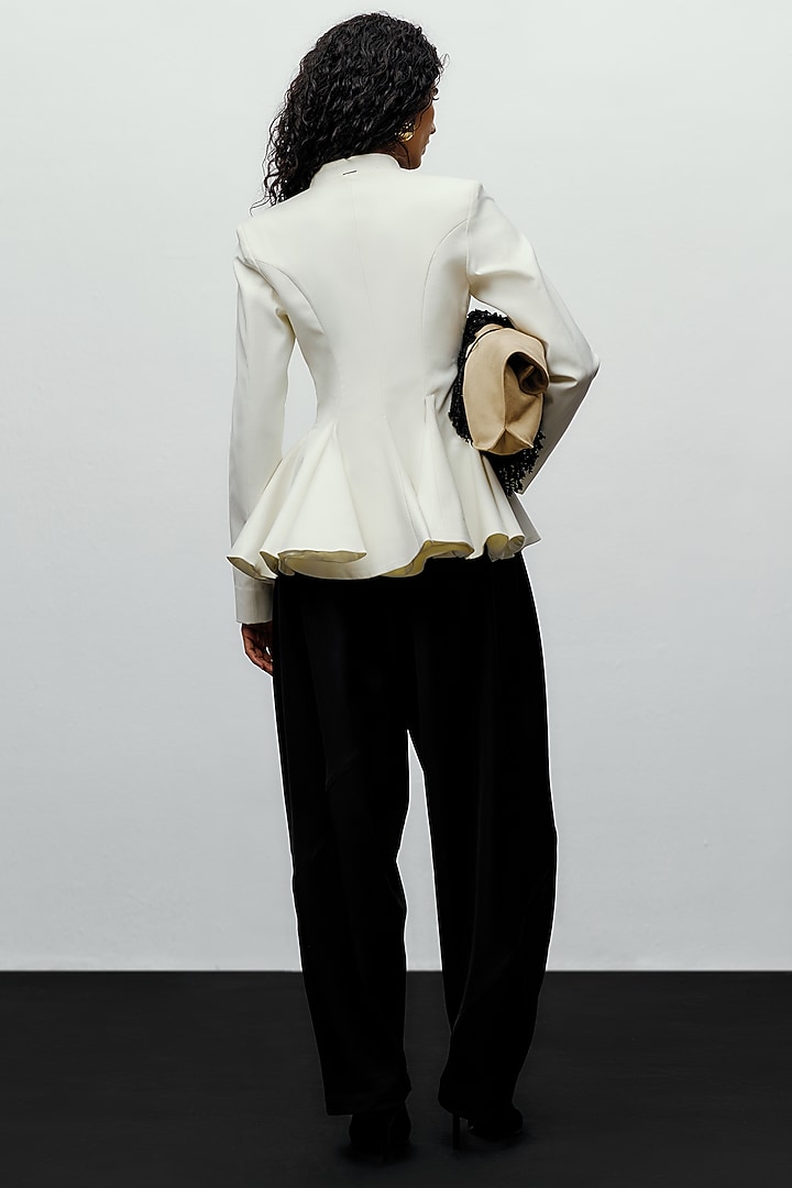 White Suiting Hand Embroidered Peplum Jacket by 431-88 By Shweta Kapur at Pernia's Pop Up Shop