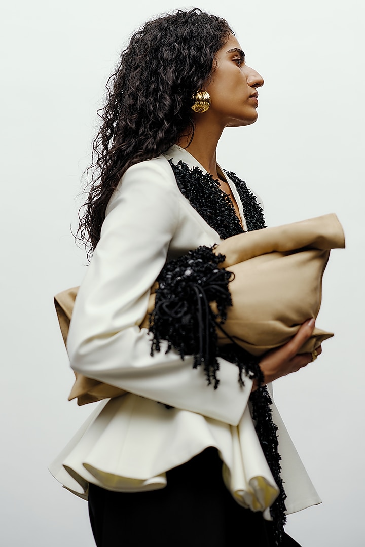 White Suiting Hand Embroidered Peplum Jacket by 431-88 By Shweta Kapur at Pernia's Pop Up Shop
