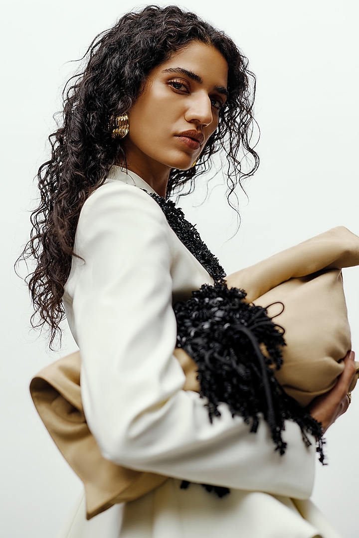 White Suiting Hand Embroidered Peplum Jacket by 431-88 By Shweta Kapur at Pernia's Pop Up Shop