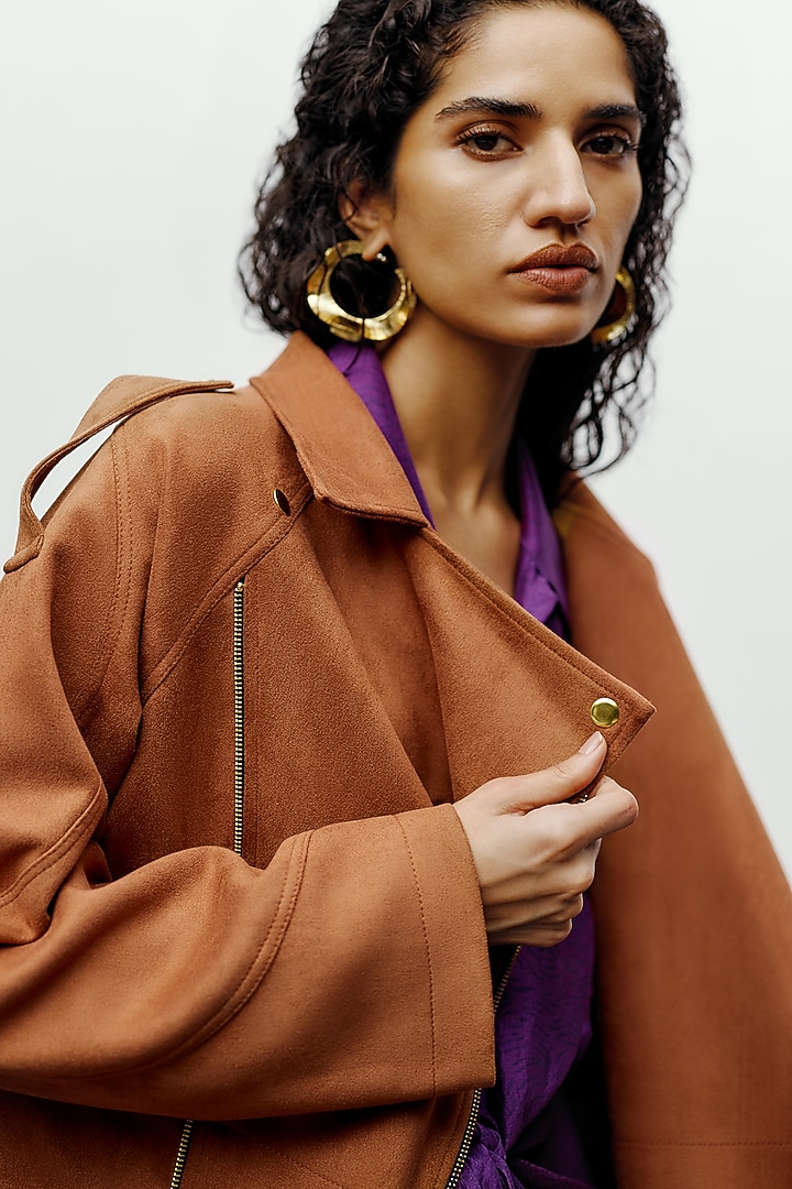 Brown Soft Faux Suede Jacket by 431-88 By Shweta Kapur at Pernia's Pop Up Shop
