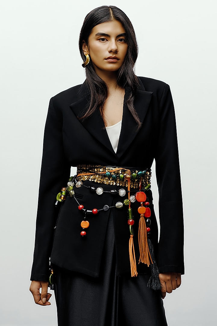 Black Crepe Single Breasted Blazer With Belts by 431-88 By Shweta Kapur at Pernia's Pop Up Shop