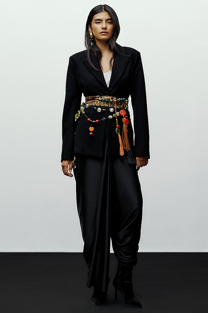 Black Crepe Single Breasted Blazer With Belts by 431-88 By Shweta Kapur at Pernia's Pop Up Shop