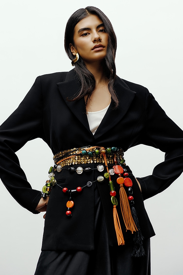 Black Crepe Single Breasted Blazer With Belts by 431-88 By Shweta Kapur at Pernia's Pop Up Shop